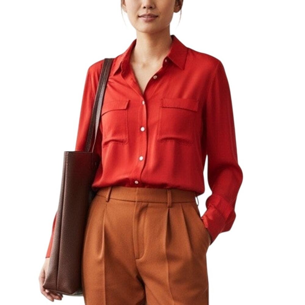 Tommy Bahama Red 100% Silk Button Down Shirt Sz Medium Classic Tomato Girl